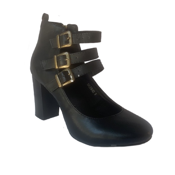 Vintage Style Buckle Strap Stack Heel Zipper Black Ankle Boot Shoes Women's - Picture 10 of 10